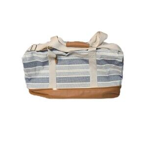 DSW Weekender Tote BLUE & WHITE, TAN Stripe Yoga Duffel Zipper Carryall Shoe Bag